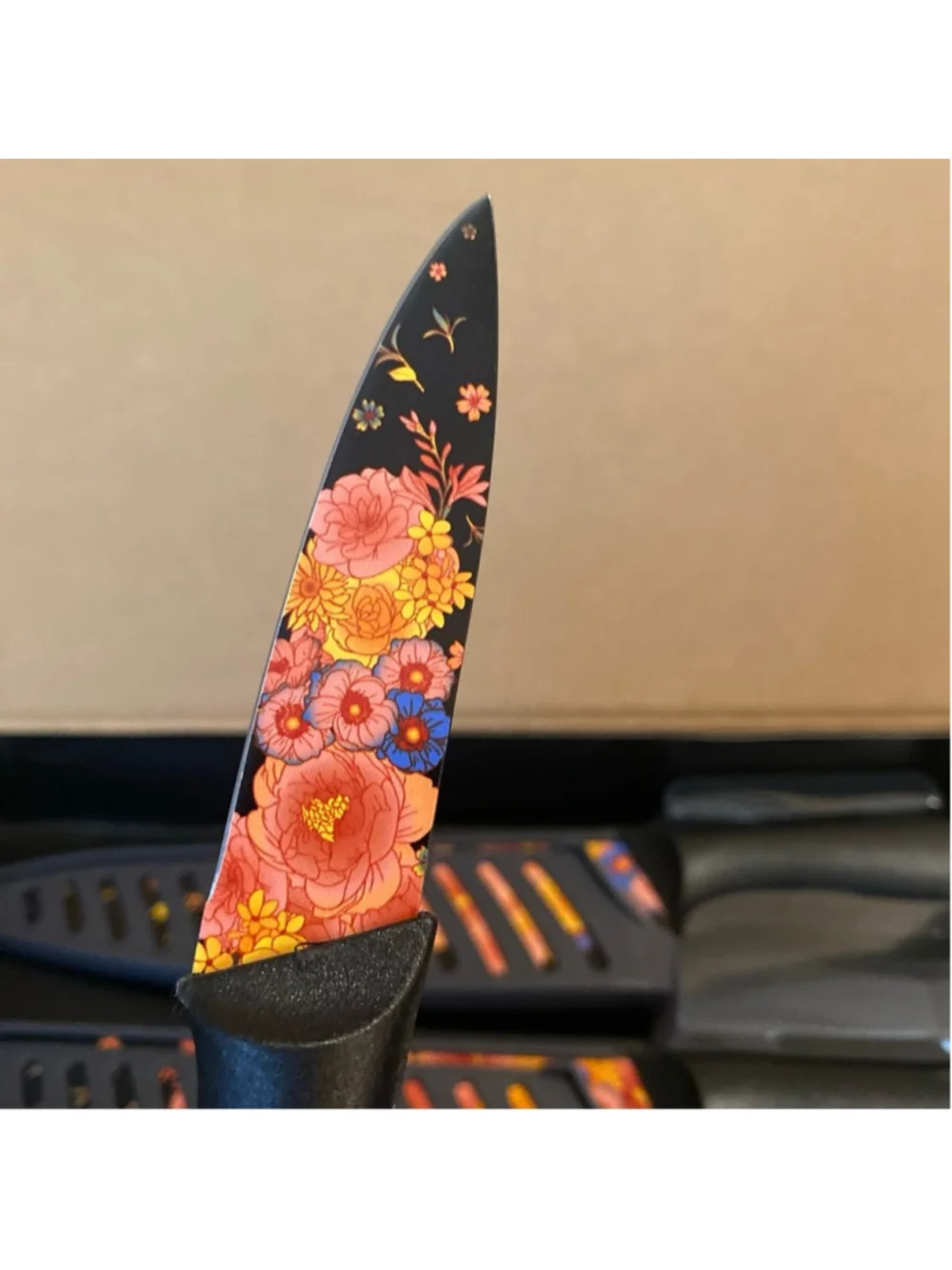 Marco Almond Knife Set Black Floral Designer Knives 6 Piece Stainless Steel NEW